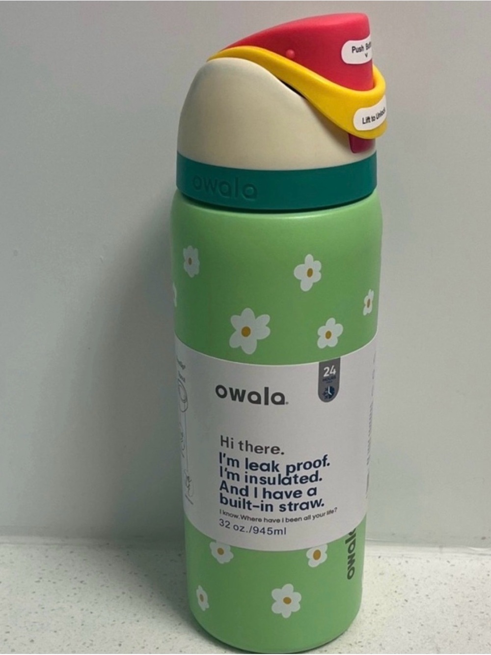owala Green Floral Insulated Water Bottle with Built-In Straw